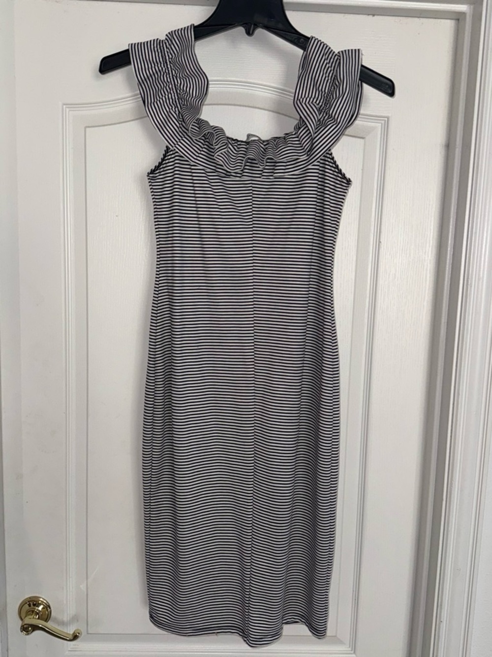 Zara Black & White Striped Ruffle-Trim Midi Dress